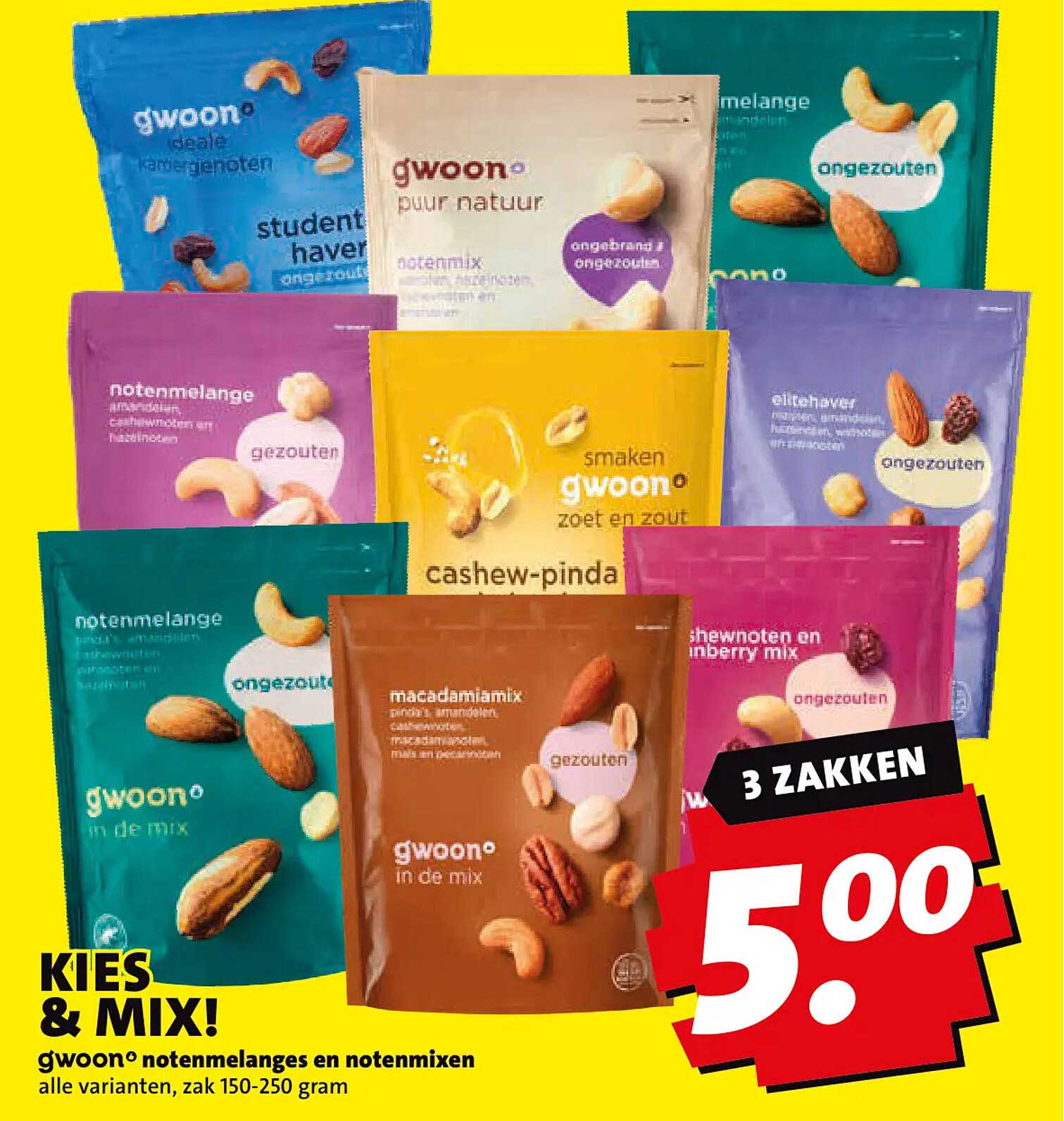 g'woon notenmenges en notenmixen alle varianten, zak 150-250 gram 3 ZAKKEN