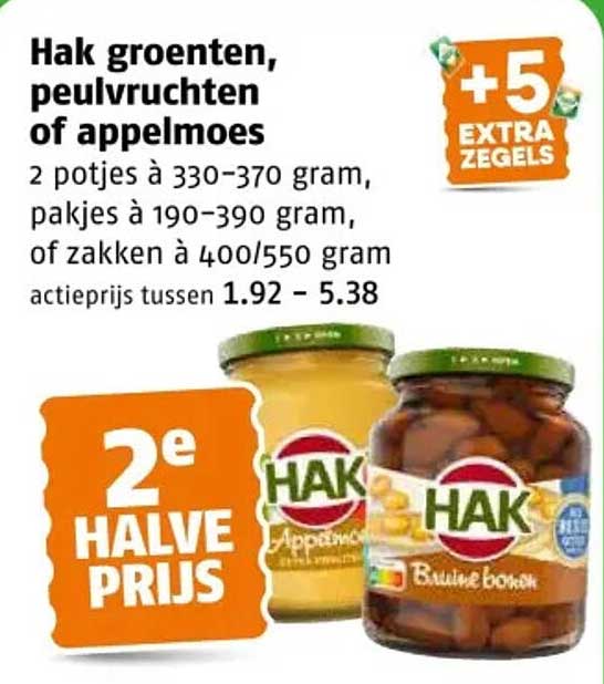 Hak groente, peulvruchten of appelmoes 2e halve prijs
