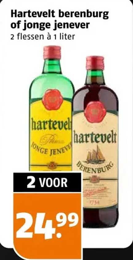 Hartevelt berenburg of jonge jenever 2 flessen à 1 liter