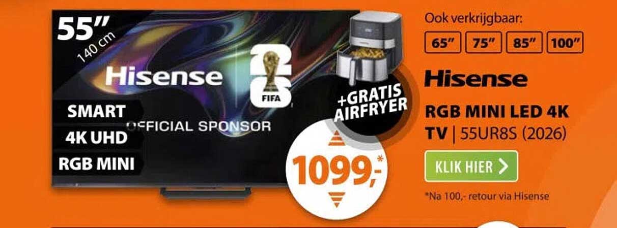 Hisense RGB MINI LED 4K TV | 55U8S (2026) + GRATIS AIRFRYER