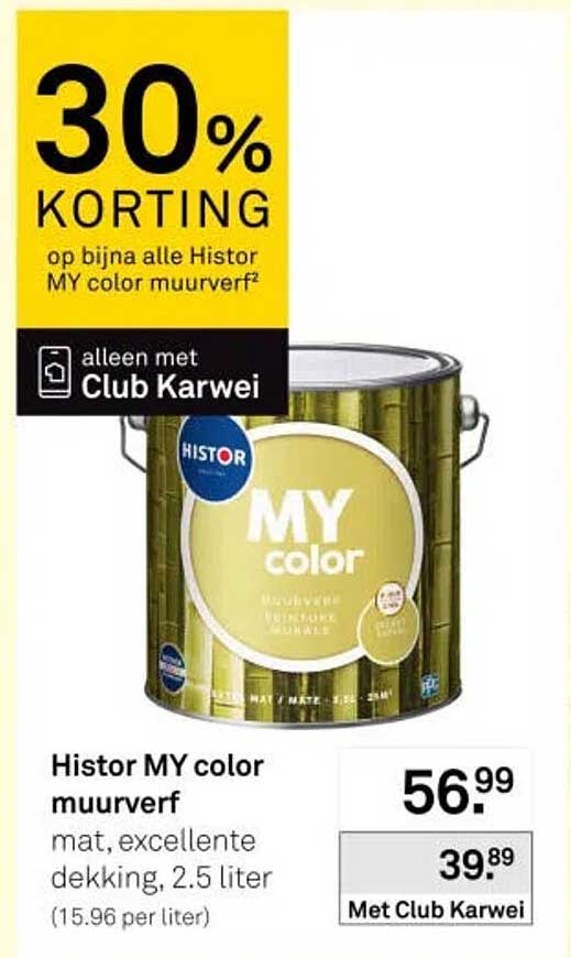 Histori MY color muurverf 30% korting op bijna alle Histor MY color muurverf² alleen met Club Karwei