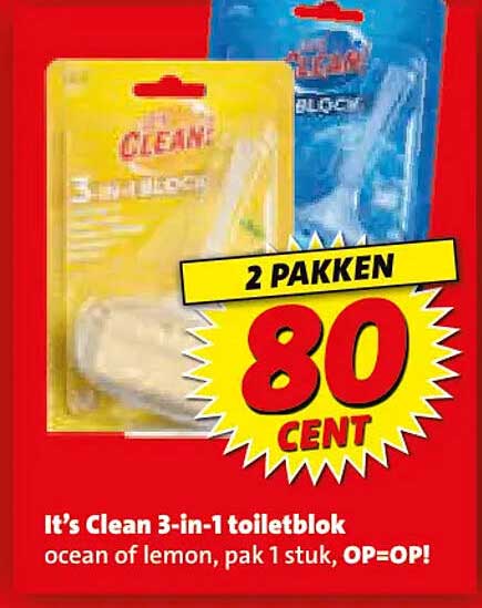 It’s Clean 3-in-1 toiletblok ocean of lemon, pak 1 stuk, OP=OP! 2 pakken