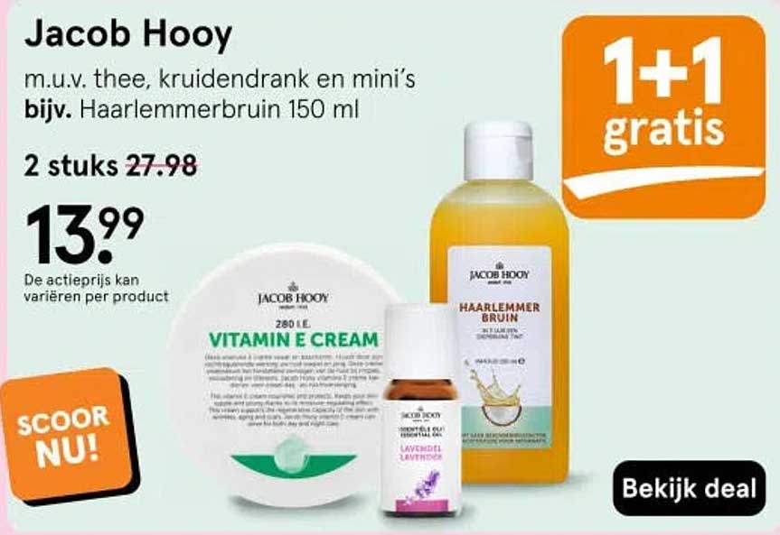 Jacob Hooy m.u.v. thee, kruidendrank en mini’s bijv. Haarlemmerbruin 150 ml 1+1 gratis