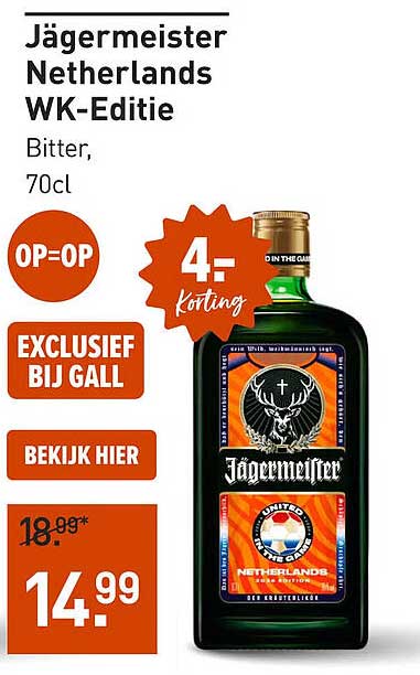 Jägermeister Netherlands WK-Editie Bitter, 70cl 4,- Korting