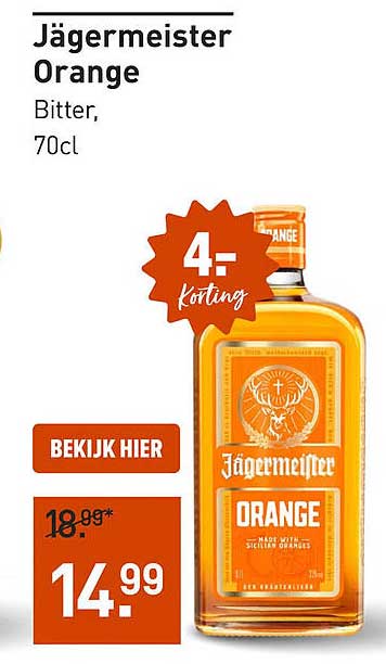 Jägermeister Orange Bitter, 70cl 4,- korting