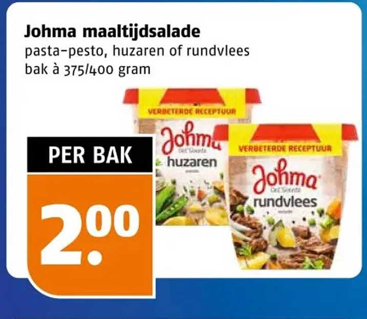 Johma maaltijdsalade pasta-pesto, huzaren of rundvlees bak à 375/400 gram