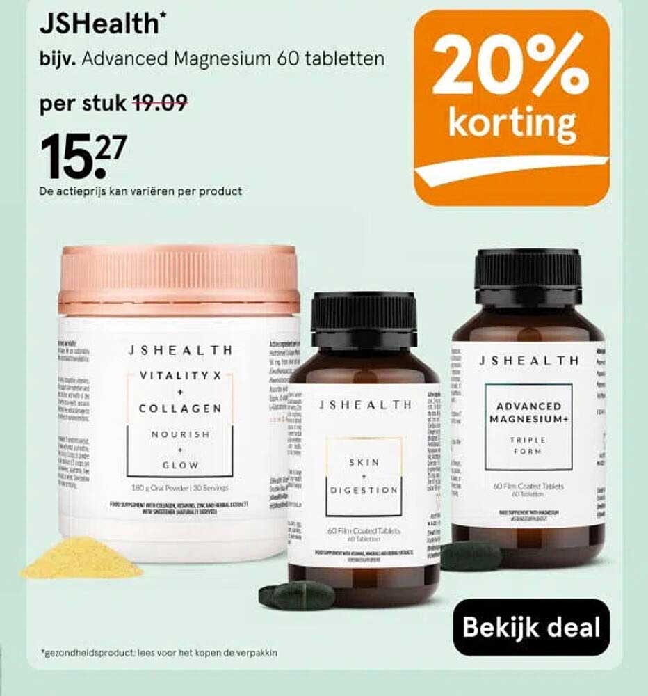 JSHealth* bijv. Advanced Magnesium 60 tabletten 20% korting