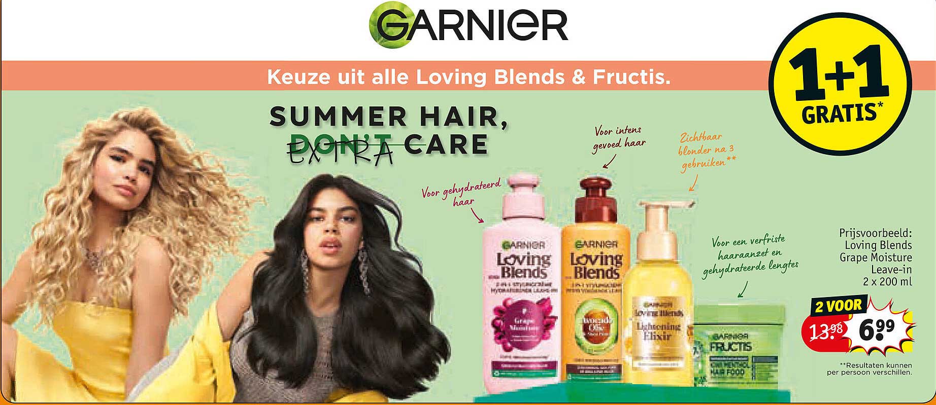 Keuze uit alle Loving Blends & Fructis. SUMMER HAIR, DON’T CARE 1+1 GRATIS*