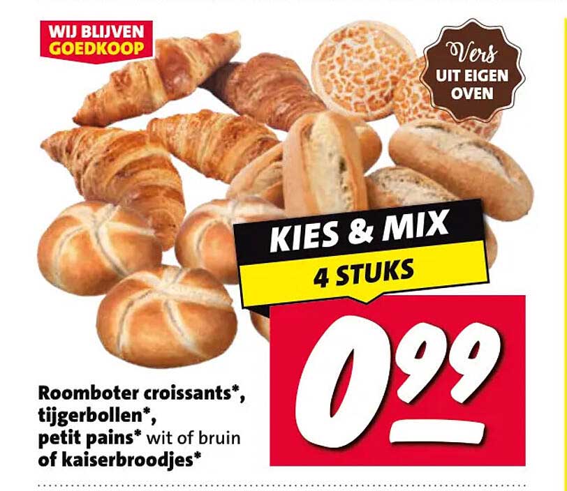 KIES & MIX 4 STUKS Roomboter croissants*, tijgerbollen*, petit pains* wit of bruin of kaiserbroodjes*