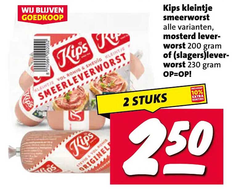 Kips kleintje smeerworst alle varianten, mosterd leverworst 200 gram of (slagers)leverworst 230 gram OP=OP! 2 STUKS