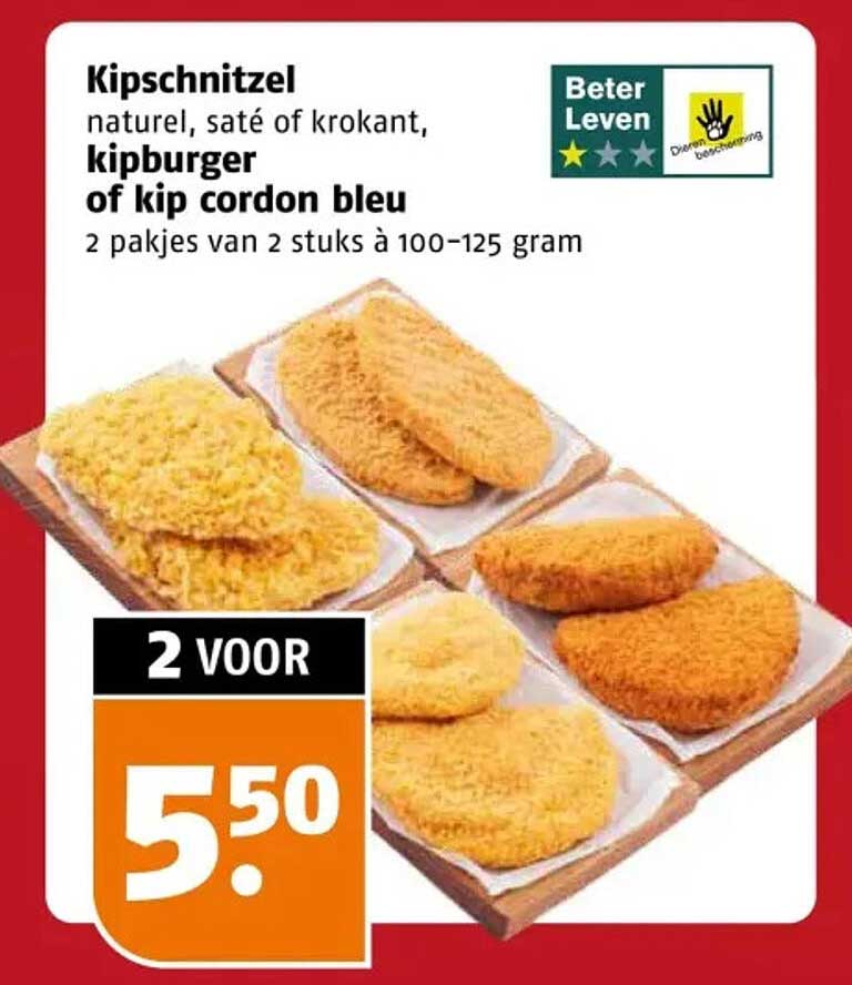 Kipschnitzel natuur, saté of krokant, kipburger of kip cordon bleu