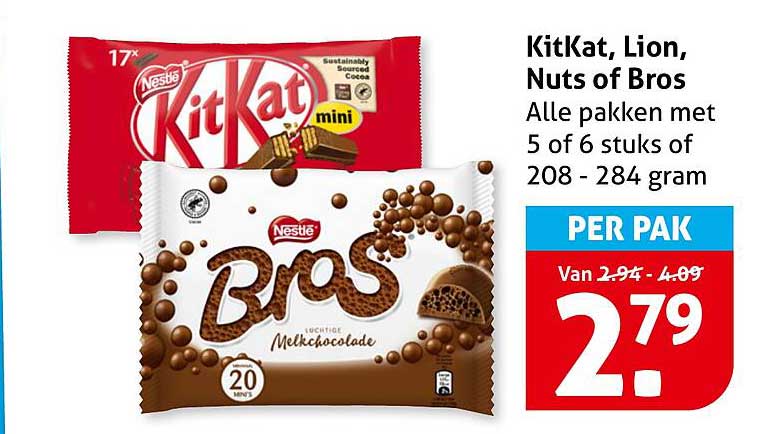 KitKat, Lion, Nuts of Bros Alle pakken met 5 of 6 stuks of 208 - 284 gram PER PAK