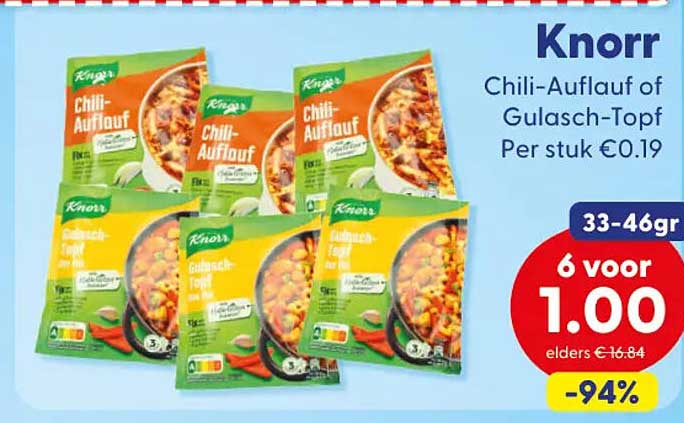 Knorr Chili-Auflauf of Gulasch-Topf 33-46gr 6 voor 1.00 -94%