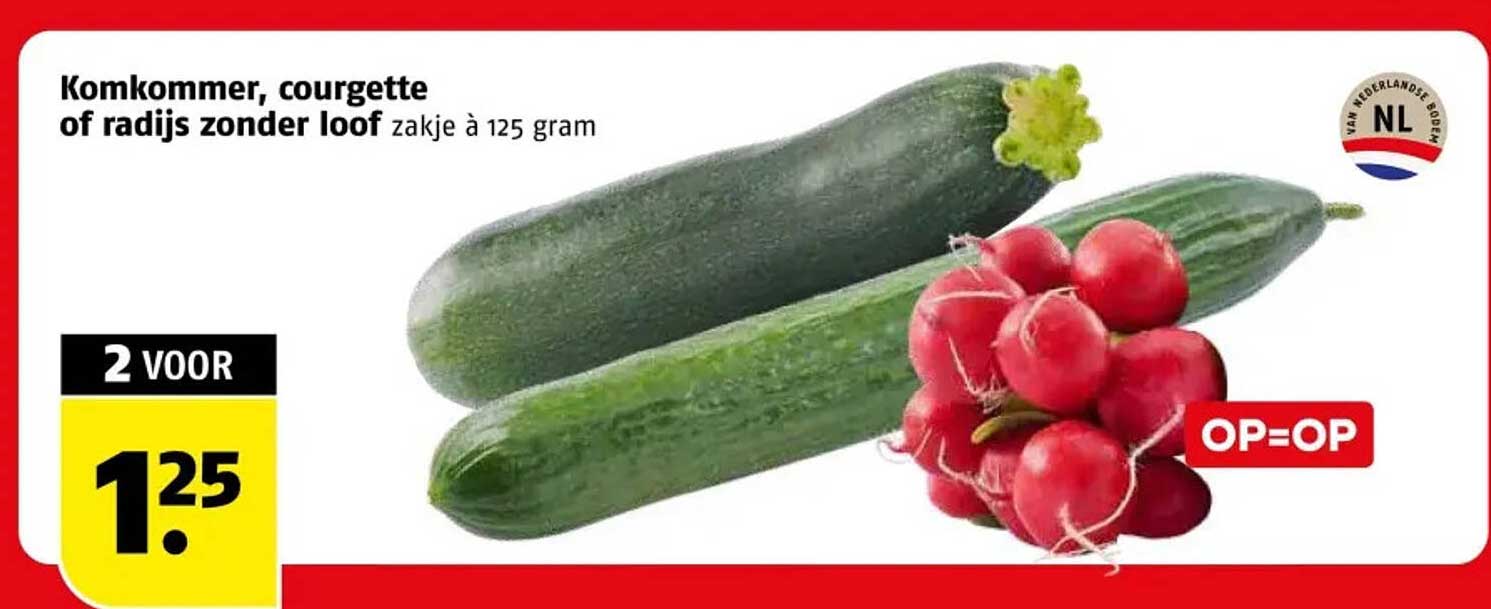 Komkommer, courgette of radijs zonder loof zakje à 125 gram