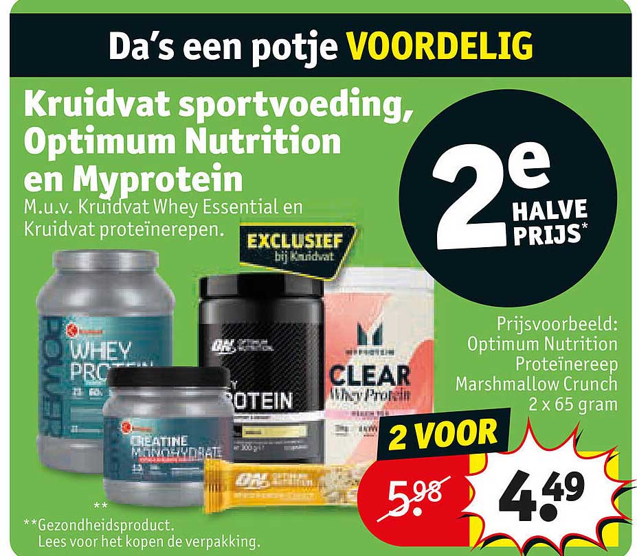 Kruidvat sportvoeding, Optimum Nutrition en Myprotein 2e halve prijs