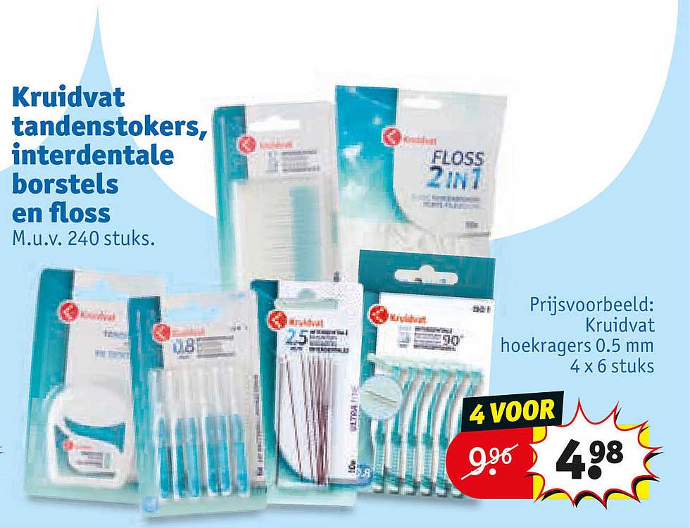 Kruidvat tandenstokers, interdentalе borstels en floss M.u.v. 240 stuks. 4 VOOR