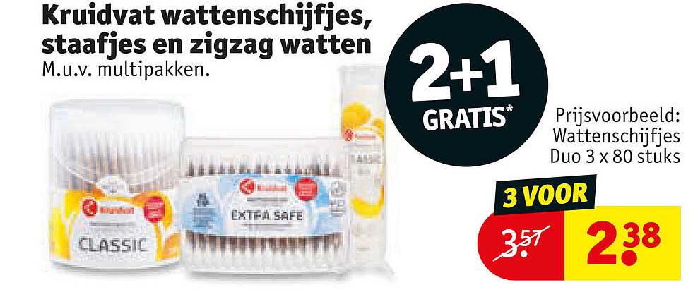 Kruidvat wattenschijfjes, staafjes en zigzag watten M.u.v. multipakken. 2+1 GRATIS*