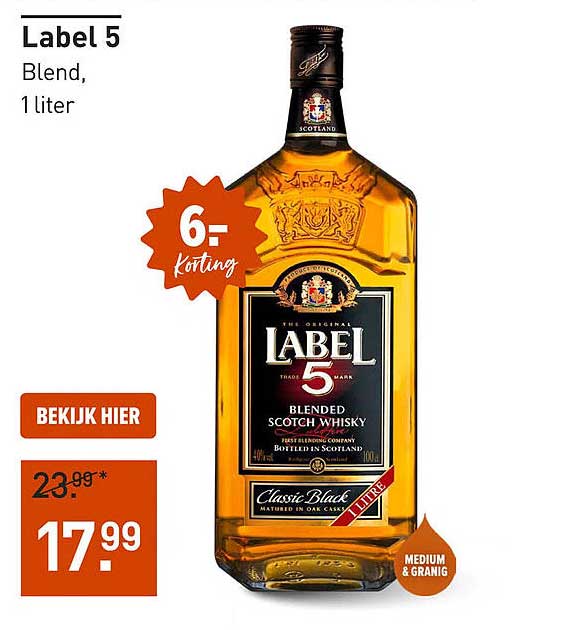 Label 5 Blend, 1 liter 6,- korting