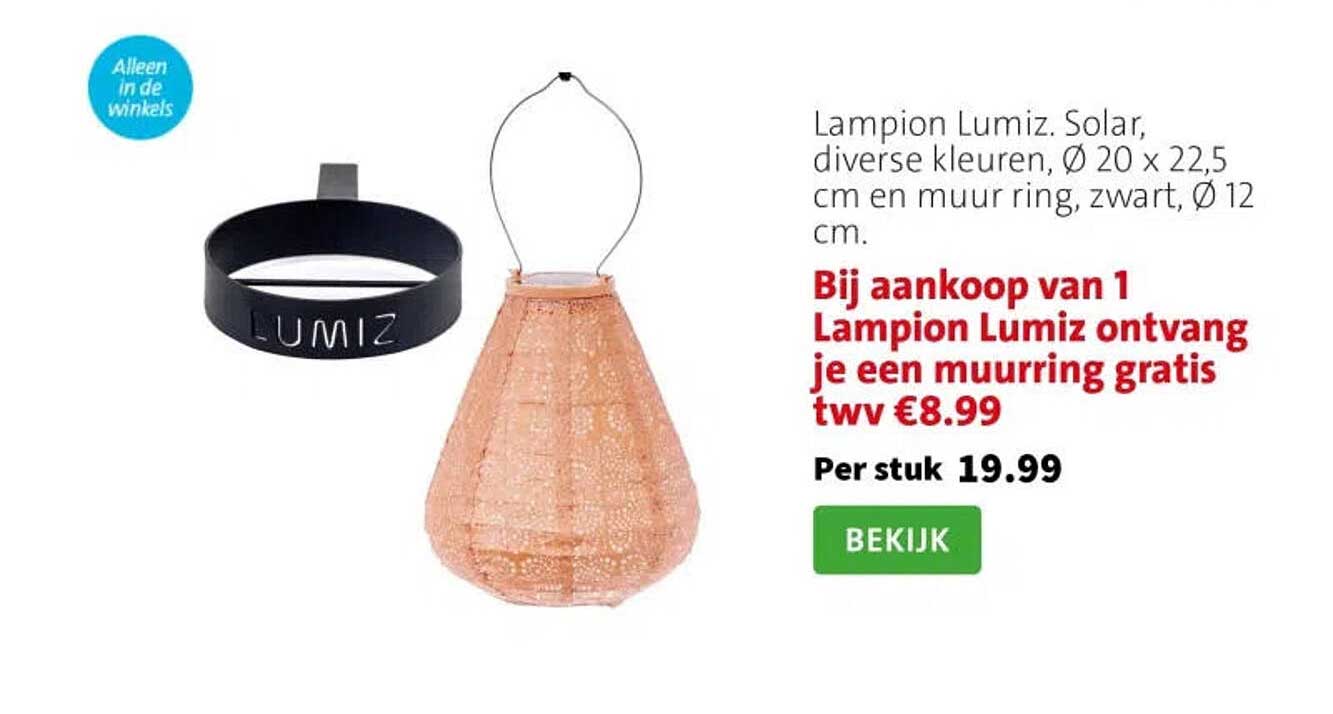 Lampion Lumiz. Solar, diverse kleuren, Ø 20 x 22,5 cm en muur ring, zwart, Ø 12 cm. Bij aankoop van 1 Lampion Lumiz ontvang je een muurring gratis twv €8.99