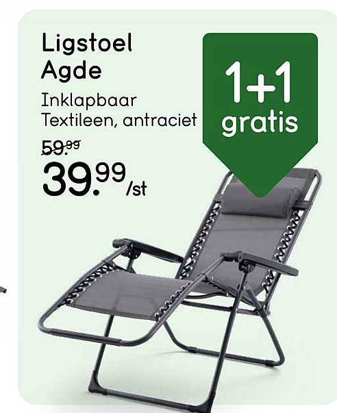 Ligstoel Agde Inklapbaar Textileen, antraciet 1+1 gratis