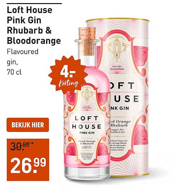 Loft House Pink Gin Rhubarb & Bloodorange Flavoured gin, 70 cl 4= korting