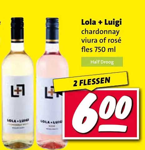 Lola + Luigi chardonnay viura of rosé fles 750 ml Half Droog 2 flessen