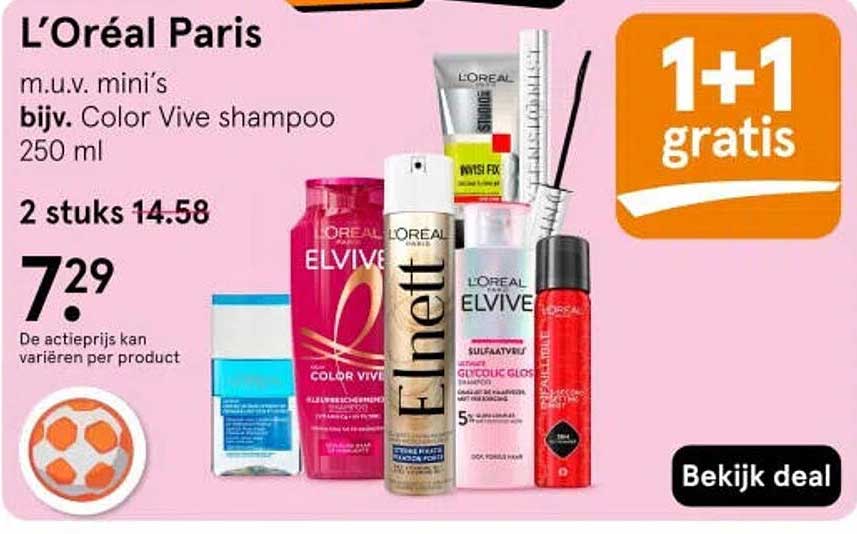 L'Oréal Paris m.u.v. mini’s bijv. Color Vive shampoo 250 ml 1+1 gratis
