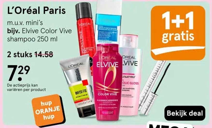 L’Oréal Paris m.u.v. mini’s bijv. Elvive Color Vive shampoo 250 ml 1+1 gratis
