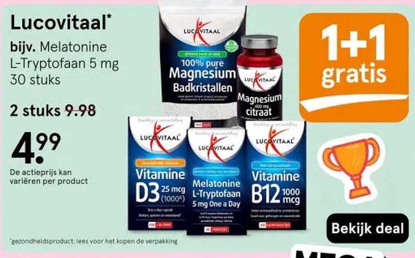 Lucovitaal, bijv. Melatonine L-Tryptofaan 5 mg 30 stuks 1+1 gratis