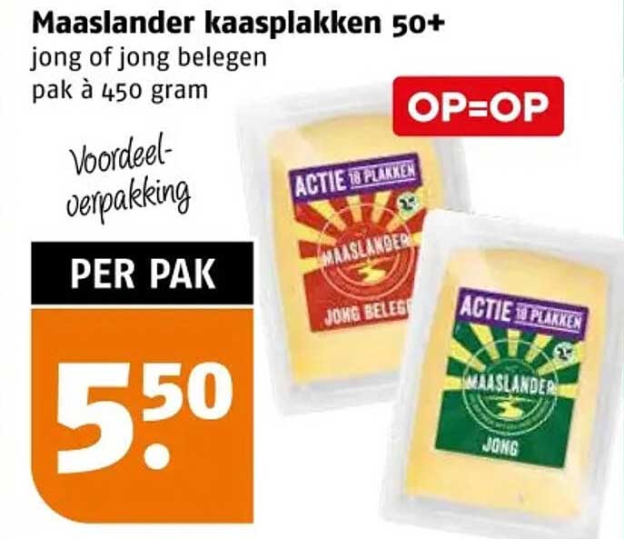 Maaslander kaasplakken 50+ jong of jong belegen pak à 450 gram OP=OP