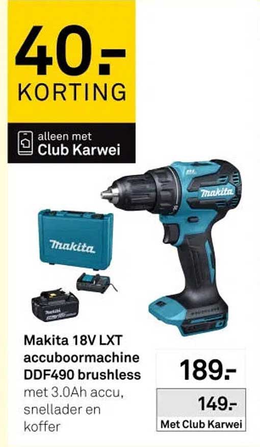 Makita 18V LXT accuboormachine DDF490 brushless met 3.0Ah accu, snellader en koffer