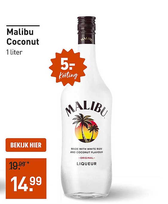 Malibu Coconut 1 liter 5,- korting