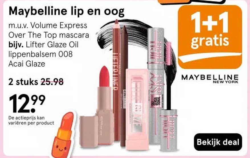 Maybelline lip en oog 1+1 gratis