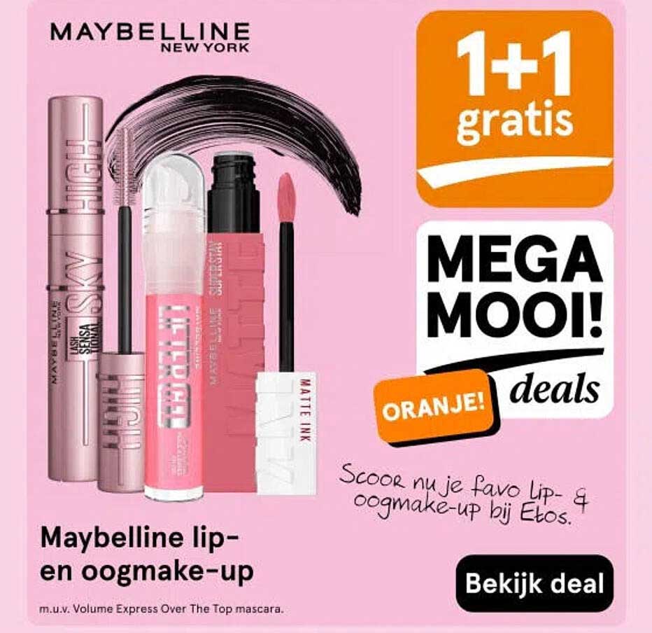 Maybelline lip- en oogmake-up 1+1 gratis