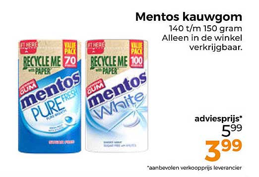 Mentos kauwgom 140 t/m 150 gram Alleen in de winkel verkrijgbaar.