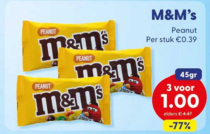 M&M's Peanut 45gr 3 voor 1.00 -77%