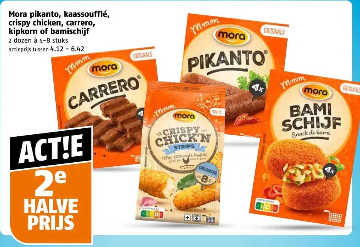 Mora pikanto, kaassoufflé, crispy chicken, carrero, kipkorn of bamischijf 2e halve prijs
