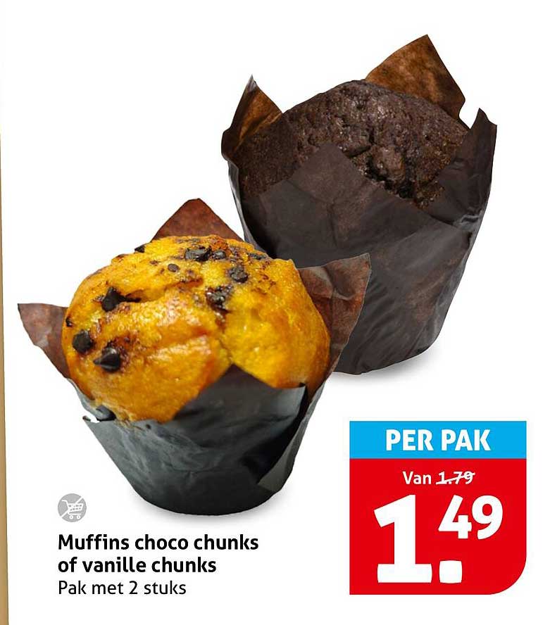 Muffins choco chunks of vanille chunks Pak met 2 stuks
