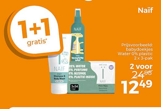 Naïf Prijsvoorbeeld: babydoekjes Water 0% plastic 2 x 3-pak 1+1 gratis