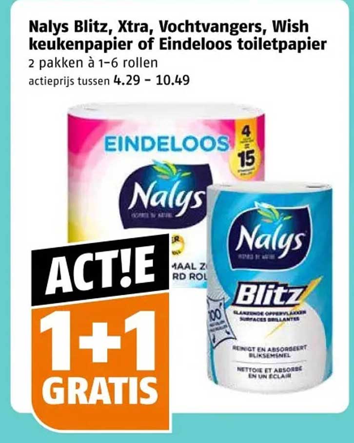Naly's Blitz, Xtra, Vochtvangers, Wish keukenpapier of Eindeloos toiletpapier 1+1 GRATIS