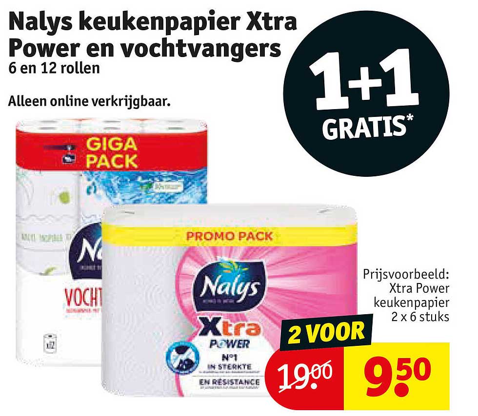 Nalys keukenpapier Xtra Power en vochtvangers 6 en 12 rollen 1+1 gratis