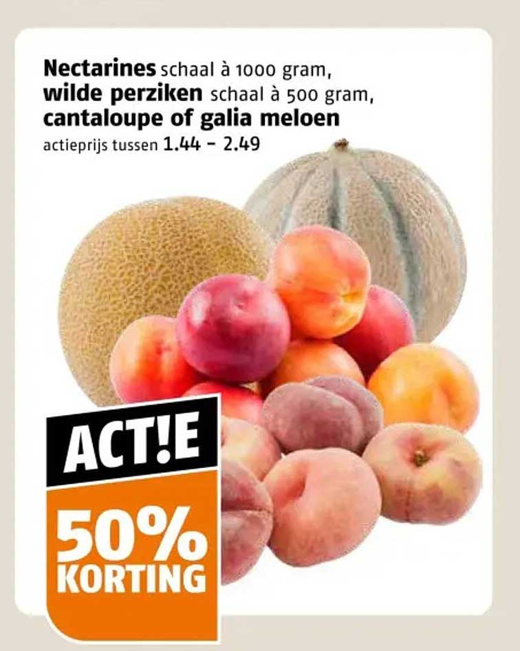 Nectarines schaal à 1000 gram, wilde perziken schaal à 500 gram, cantaloupe of galia meloen ACT!E 50% KORTING