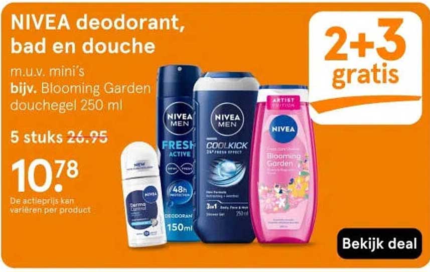 NIVEA deodorant, bad en douche m.u.v. mini's bijv. Blooming Garden douchegel 250 ml 2+3 gratis