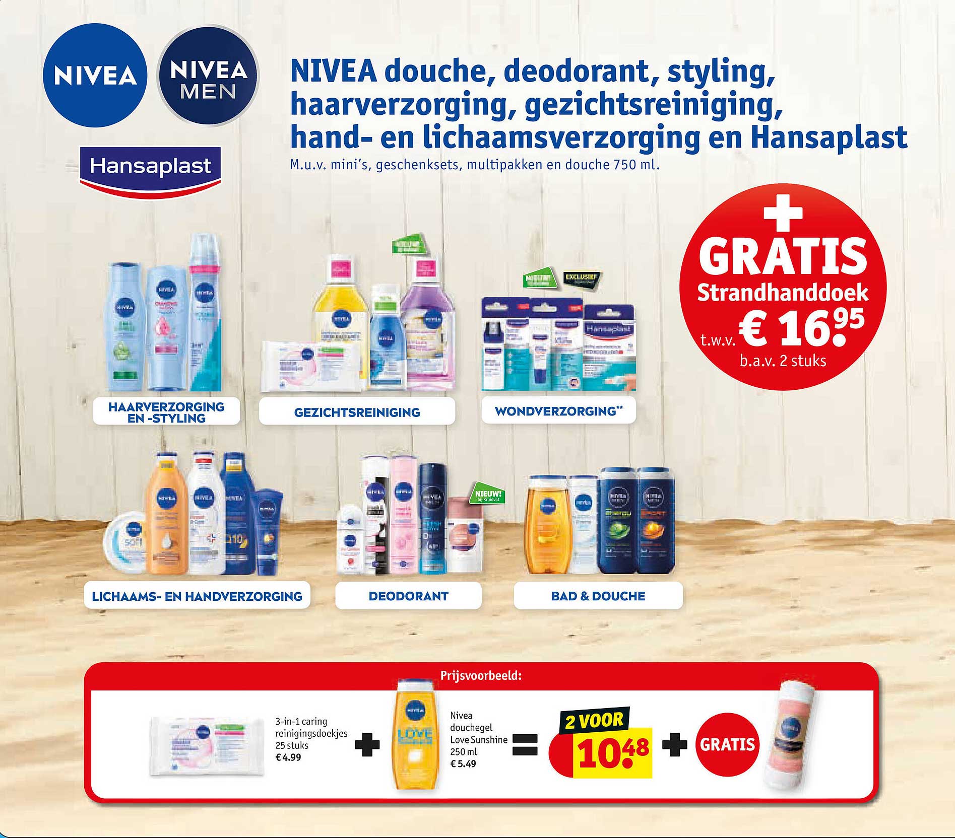 NIVEA douche, deodorant, styling, haarverzorging, gezichtsreiniging, hand- en lichaamsverzorging en Hansaplast + GRATIS Strandhanddoek