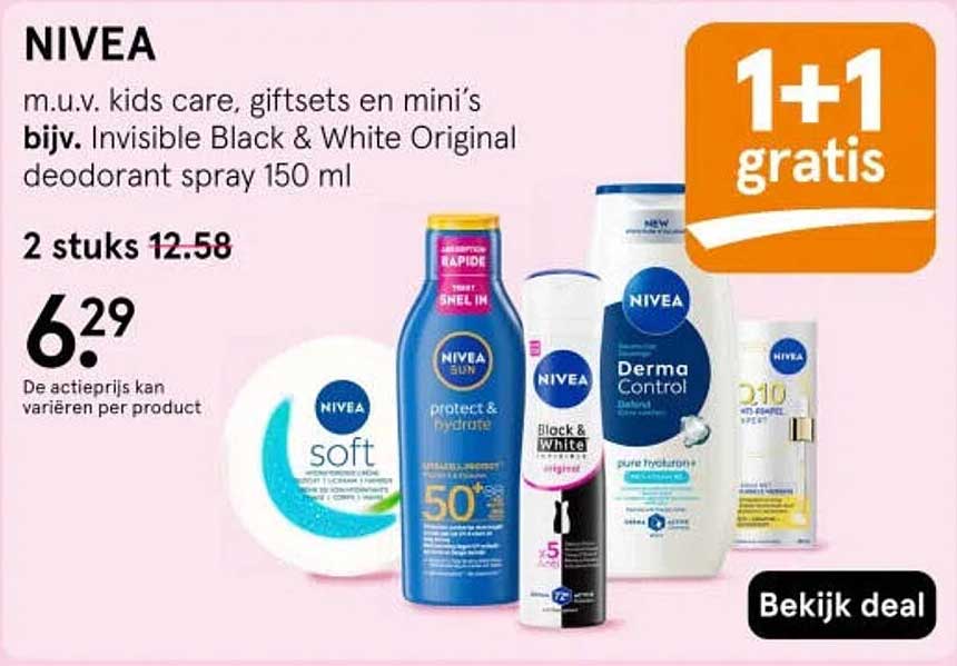 NIVEA m.u.v. kids care, giftsets en mini’s bijv. Invisible Black & White Original deodorant spray 150 ml 1+1 gratis