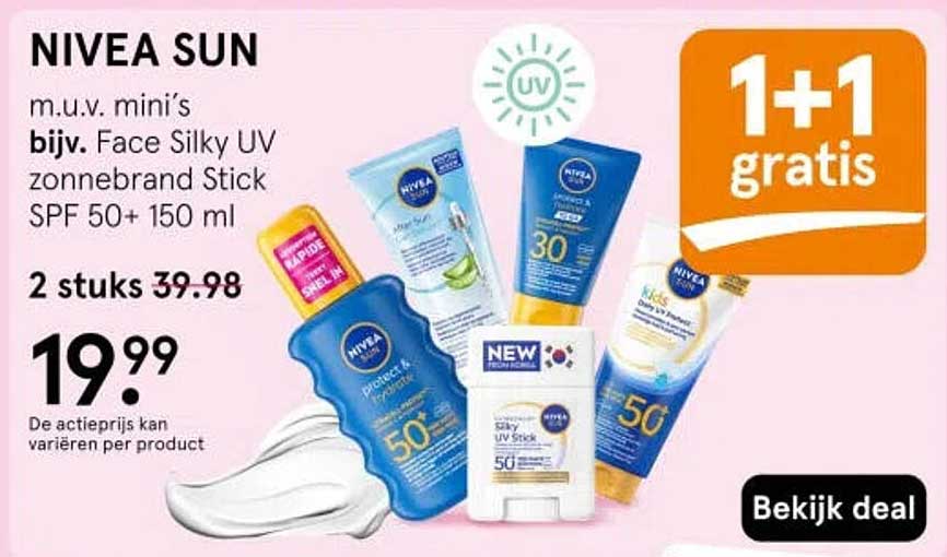 NIVEA SUN m.u.v. mini’s bijv. Face Silky UV zonnebrand Stick SPF 50+ 150 ml 1+1 gratis