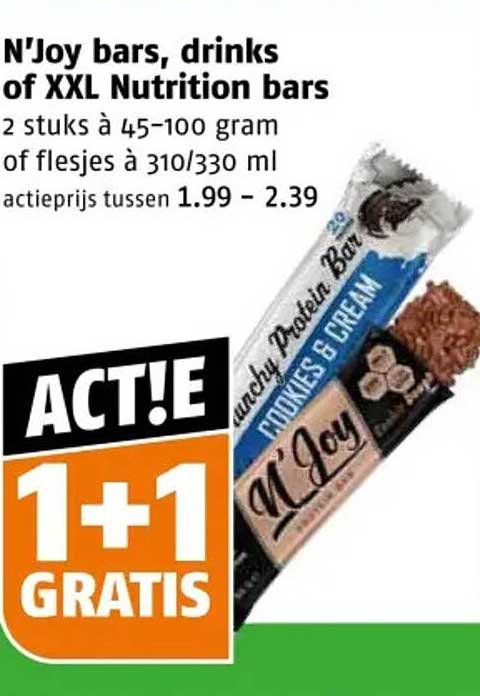 N'Joy bars, drinks of XXL Nutrition bars 1+1 gratis