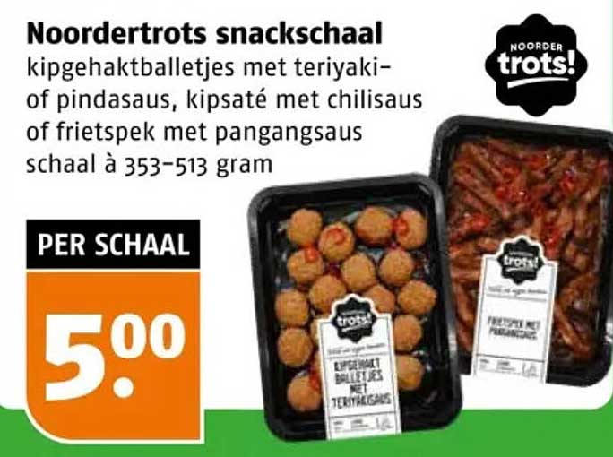 Noordertrots snackschaal kipgehaktballetjes met teriyaki- of pindasaus, kipsaté met chilisaus of friet spek met pangangsaus schaal à 353–513 gram