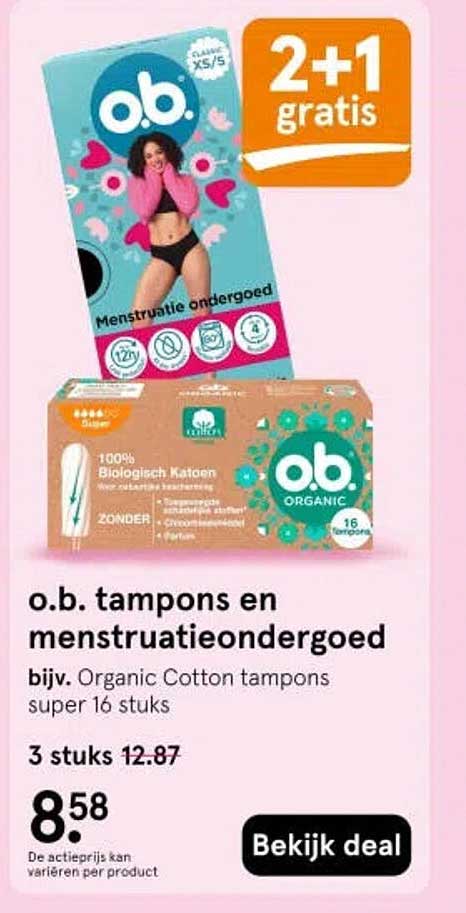 o.b. tampons en menstruatieondergoed 2+1 gratis