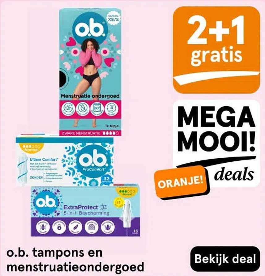 o.b. tampons en menstruatieondergoed 2+1 gratis